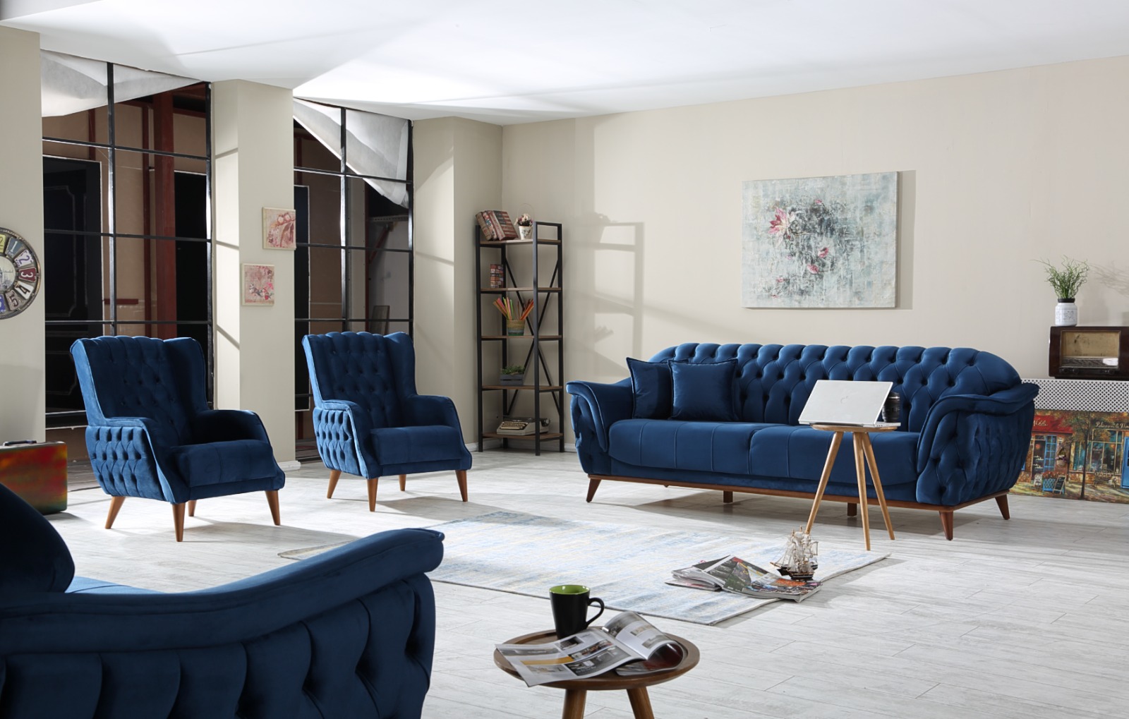 Blue It's an affordable, luxurious, sturdy handmade 1+2+3 seater sofa set. 